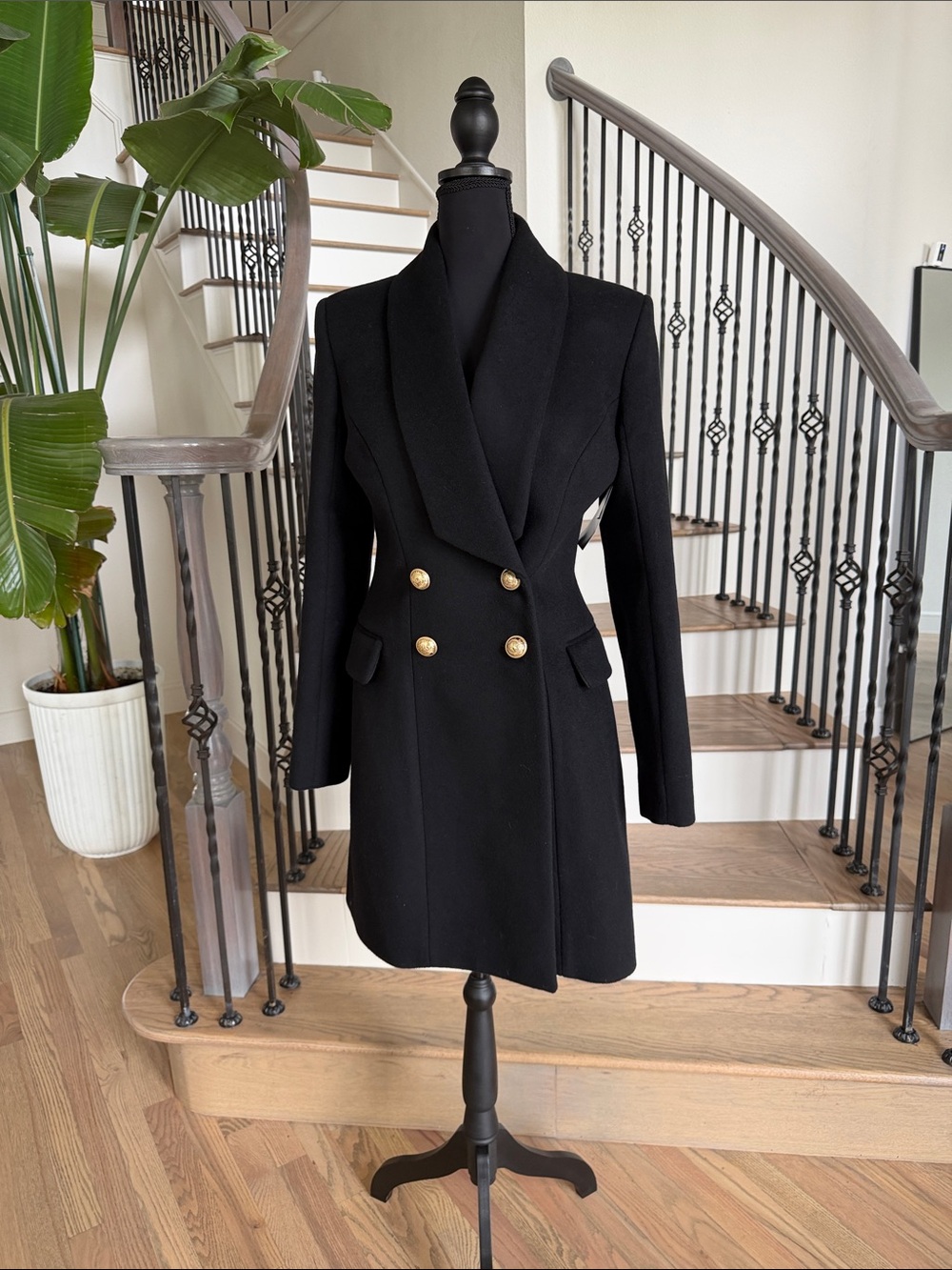 Balmain Black Double-Breasted Wool Blend Coat with Gold Buttons (Size 38)